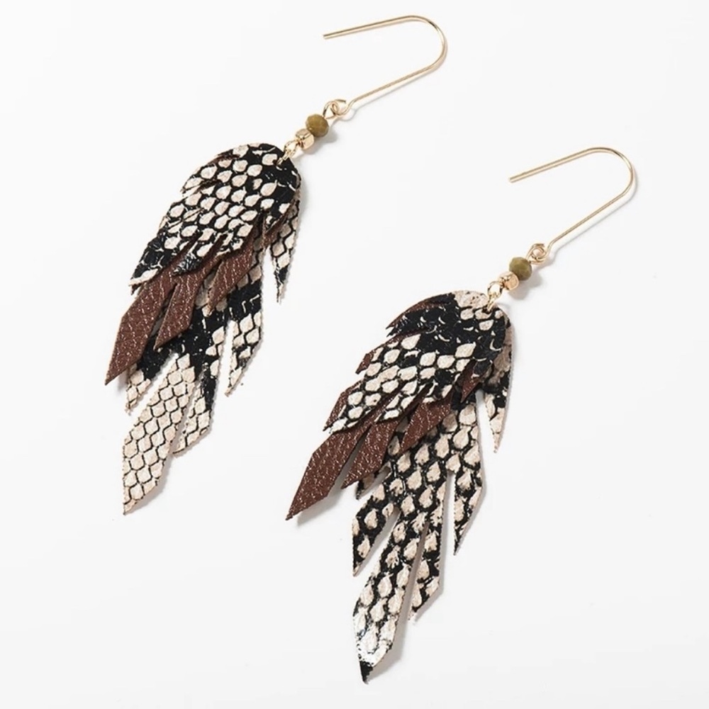 Artisan Fall Leather Feather Dangle Earrings Brown